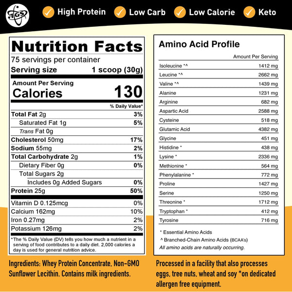 Whey protein gluten free soy free non gmo no added sugar unflavored unsweetened 5g of BCAAs 130 calories low carb keto