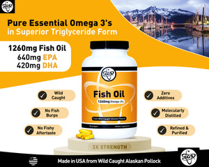 Triple strength pure essential omega 3 fatty acid supplement in softgel capsules. Zero additives, unflavored, refined & purified, molecularly distilled, wild caught 1000mg EPA/DHA per serving