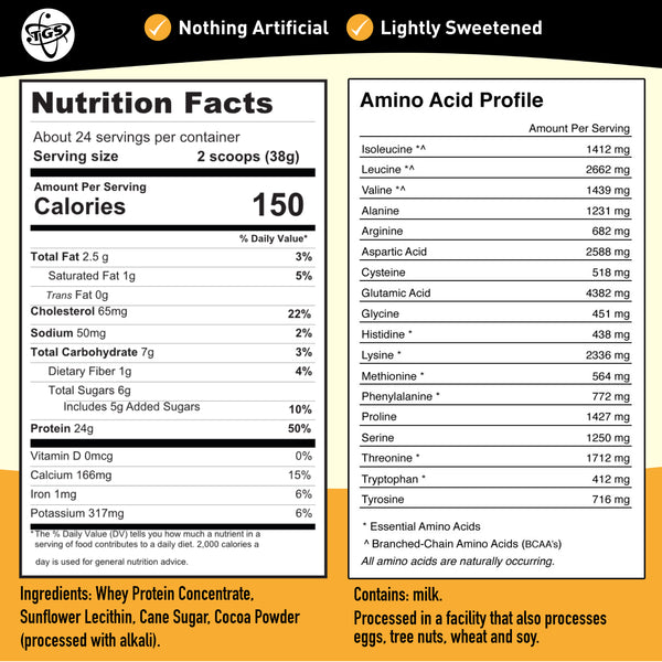 Chocolate whey protein powder made with premium Guittard cocoa powder and lightly sweetened with cane sugar. No artificial ingredients