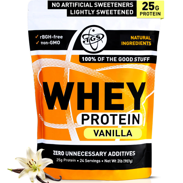 Natural Vanilla Bean Whey Protein concentrate Powder without artificial sweeteners artificial ingredients no soy no gluten no hormones made in USA from US Farms