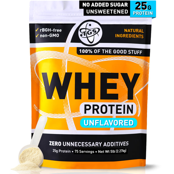 TGS Nutrition flavorless whey protein powder 5lb bulk for post workout bodybuilding muscle recovery shakes