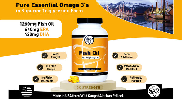 Wild Caught Omega 3 Fish Oil Supplement - 1260mg, 90 Servings