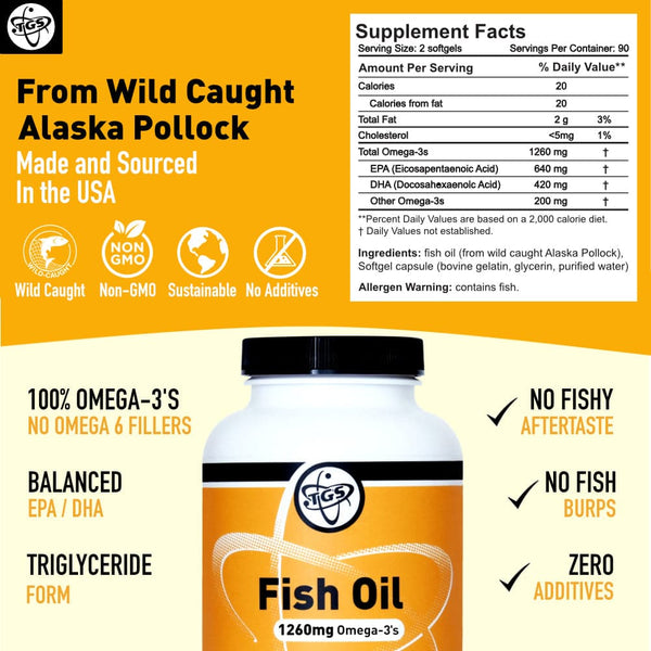 Omega 3 fish oil supplement with 640mg EPA 420mg DHA in capsules 90 day supply capsules made from bovine gelatin. Made in USA from wild caught Alaska pollock